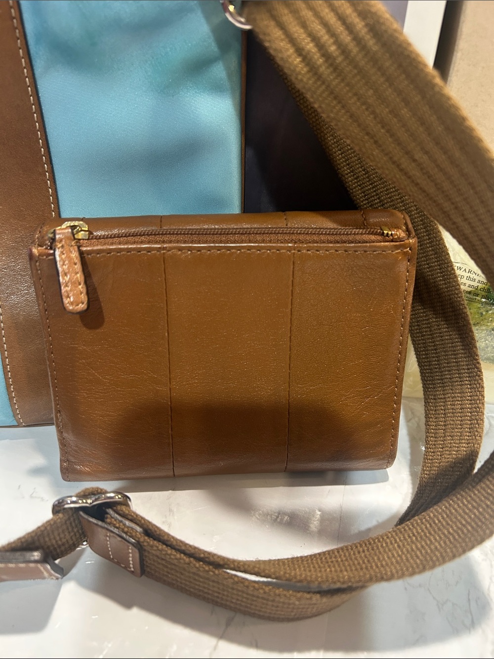 Coach Light Blue and Brown Leather-Trim Crossbody with Matching Wallet - Picture 6 of 13